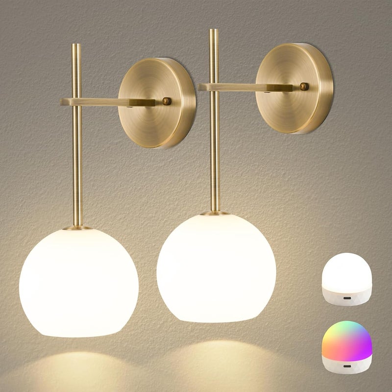 Keep Shinning Brass Battery Operated Wall Sconces Set of 2, Rechargeable Wireless Wall Lights with Milky White Frosted Glass, 12 RGB and 3CCT Dimmable, Wall Lamps with Remote for Bedroom Living Room Hallway - Image 1